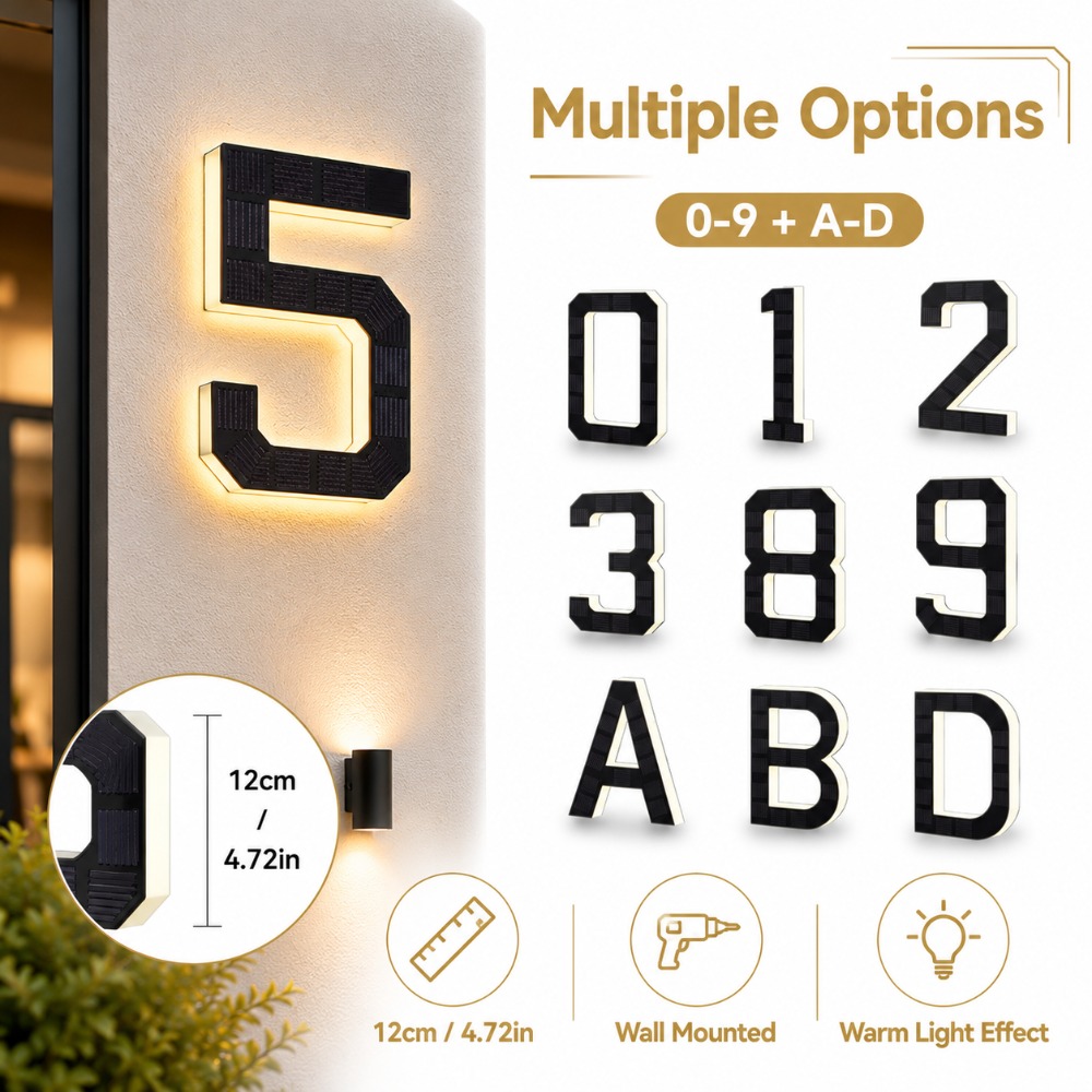 Outdoor Lighting For Front Of House - ソーラーLED家番号サイン 防水ライトセンサー付きアドレスプレート 屋外玄関 庭 壁 エントランス装飾アクセサリーキット