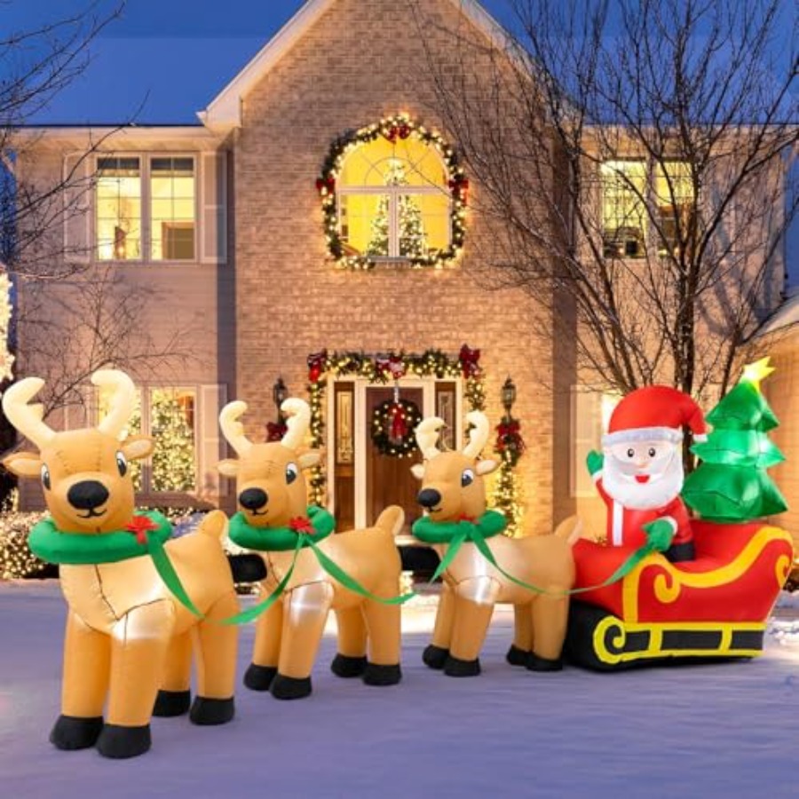 Outdoor Lighting On Trees - 屋外用クリスマスインフレータブルデコレーション：13フィートのライト付きサンタクロースと3頭のトナカイのそり、クリスマスツリー、PVC素材、再利用可能