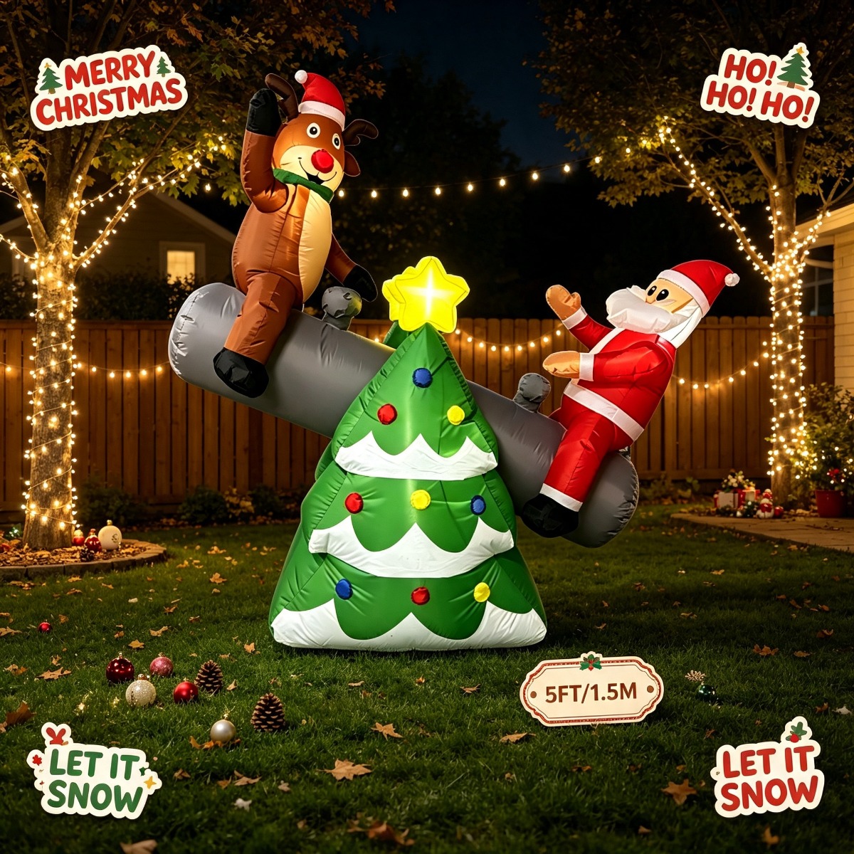 Outdoor Lighting On Trees - クリスマス用インフレータブルおもちゃ：サンタとトナカイのクリスマスツリーのシーソー型屋外ホリデーデコレーション、ライトアップ式裏庭オーナメント