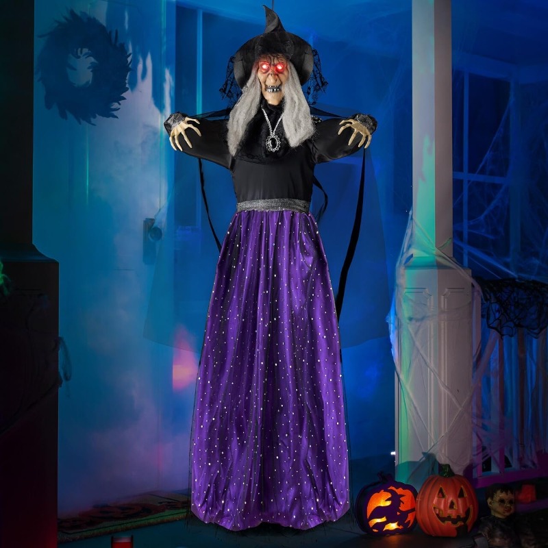 Outdoor Lighting For Front Of House - 47インチのアニメーション魔女ハロウィンデコレーション、屋外/屋内用怖いハロウィンアニマトロニクス装飾、吊り下げ式ゴースト、音声起動LEDライト付き目、お化け屋敷、庭、芝生用
