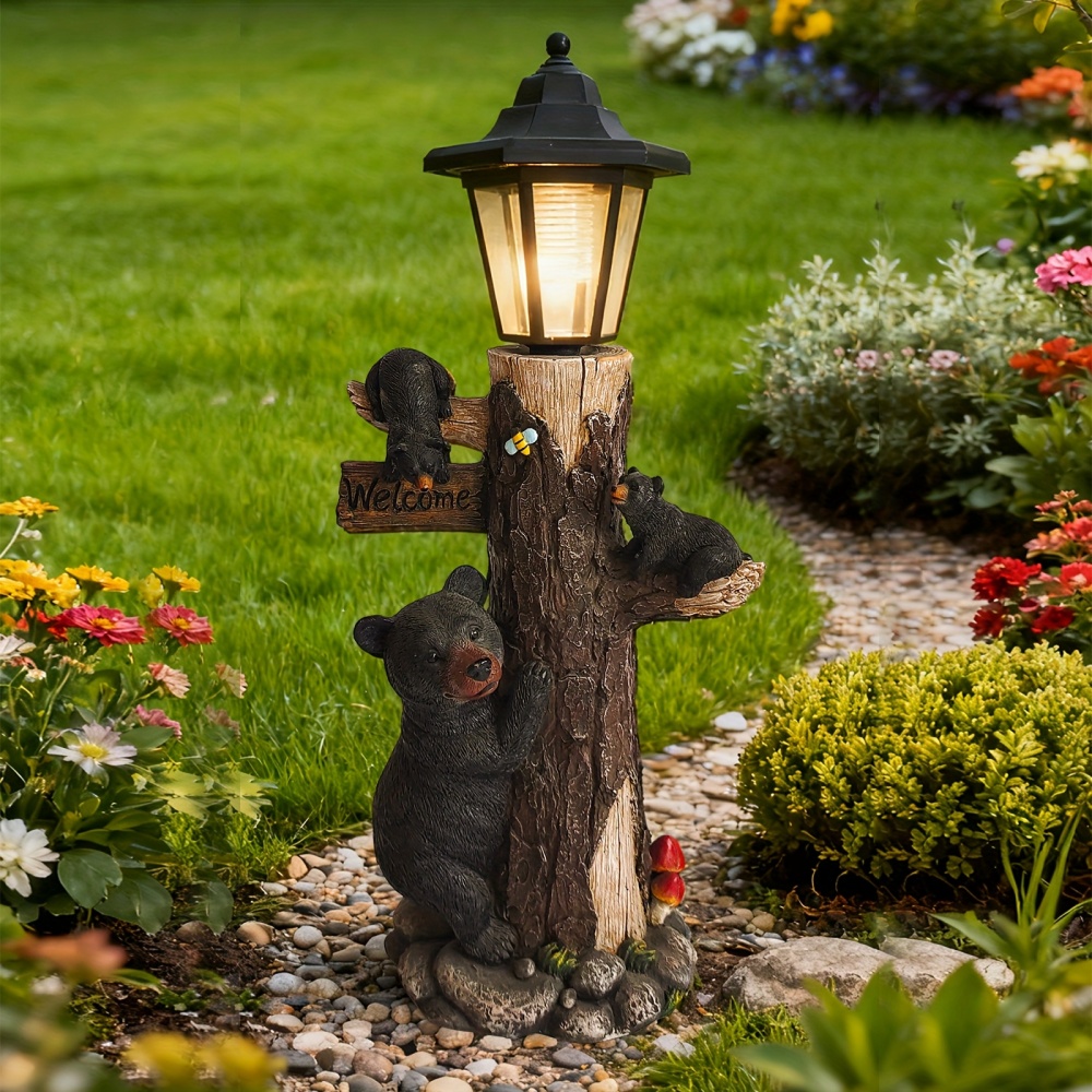 Outdoor Lighting On Trees - ソーラーライト付きブラックベア像ウェルカムサインガーデンスタチュー、19インチの樹上にいる樹脂製ベアファミリー、庭、芝生、ヤード用の屋外ベアデコレーション、感謝祭、クリスマス、その他に最適なギフト。