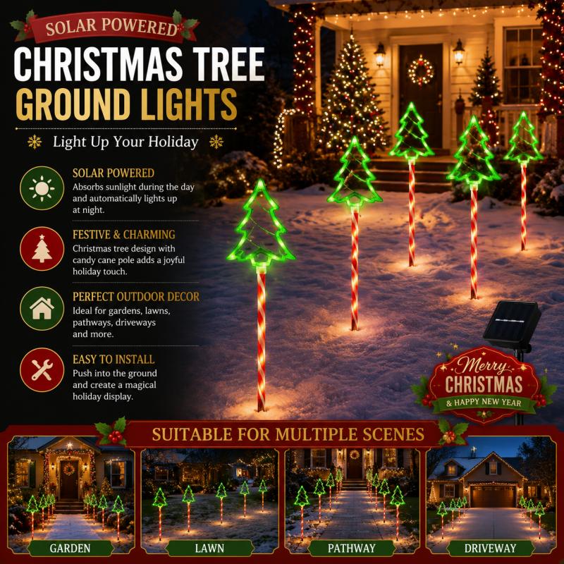 Outdoor Lighting On Trees - 屋外用ソーラーツリーライト LEDグリーン クリスマスシルエットステークス キャンディケインポール付き 広場の通路や芝生、お祭りの庭の装飾に