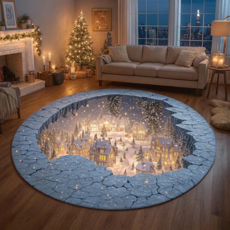 Outdoor Xmas Lighting Ideas - 3D クリスマス村ラグ 冬の雪の街カーペット 居心地の良いホリデーフロアマット 光るライト クリスマスホームデコレーション