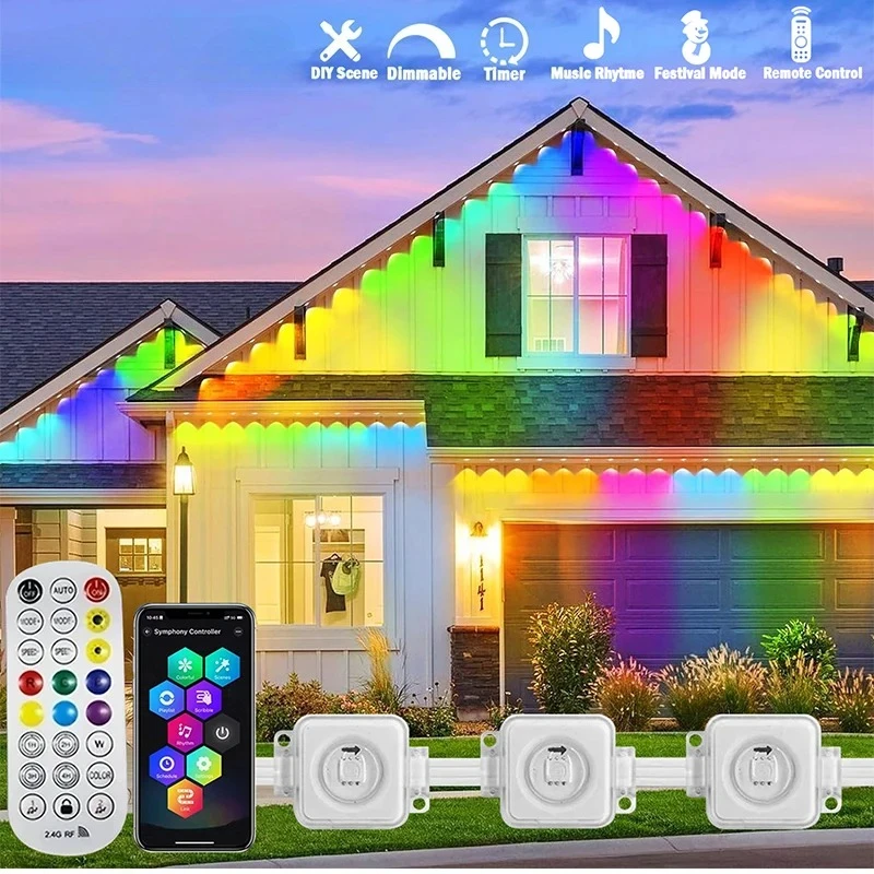 Outdoor Lighting For Front Of House - 300フィート常設用軒下LEDスマートRGB屋外LEDライト（リモコン付き）、家全体の軒下照明、クリスマスホリデーデコレーション