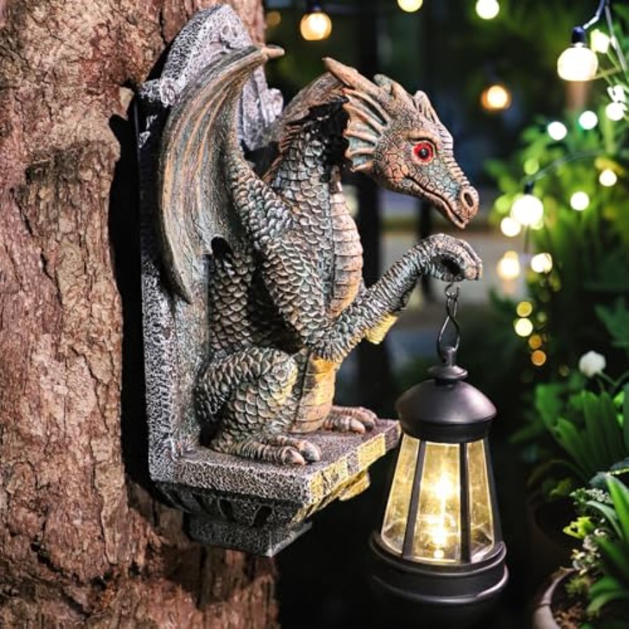 Outdoor Lighting On Trees - ドラゴン像ソーラーランタン、庭の装飾用、ドラゴンの置物ナイトライト、10インチ屋外装飾ランプ、木/壁に取り付け可能