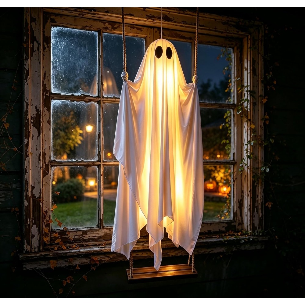 Outdoor Lighting On Trees - ハロウィン光るゴーストのブランコ吊り下げ装飾、屋外の木やポーチに飾る大型ライトアップホワイトゴーストペンダント、お化け屋敷の小道具